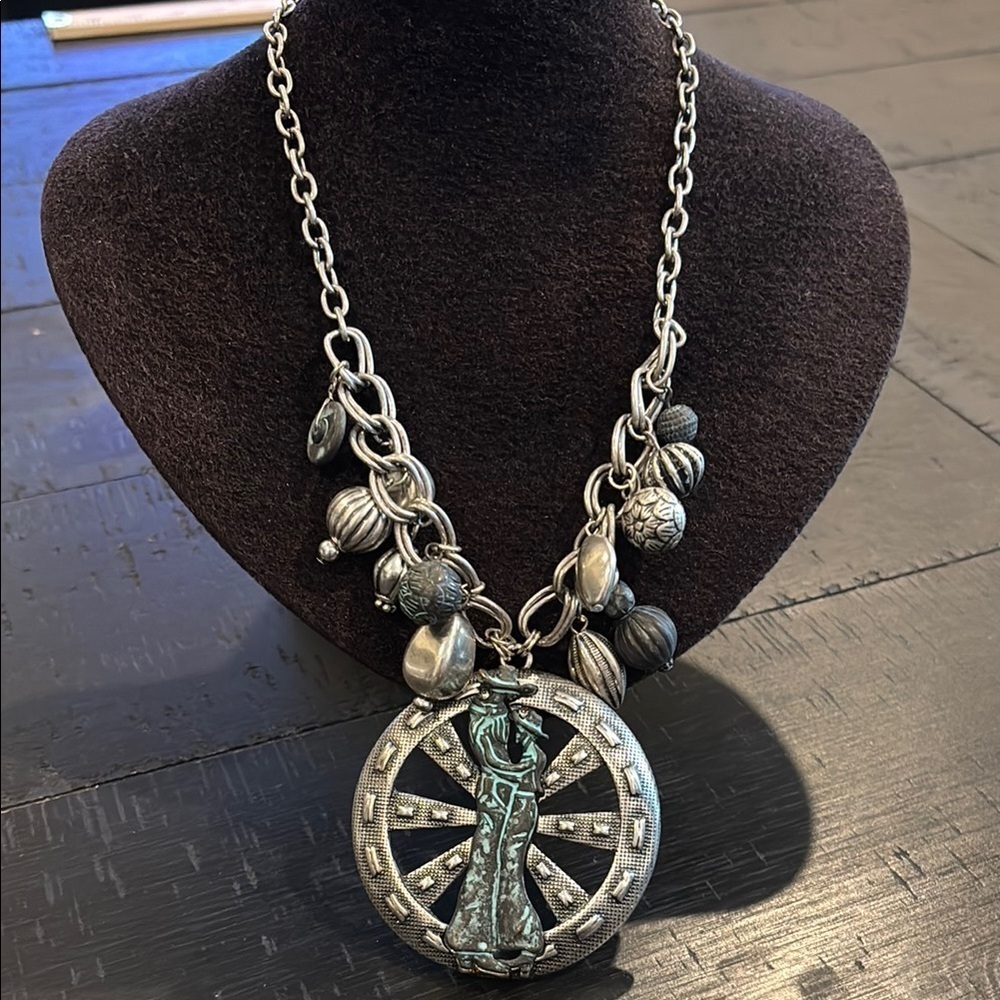 NWT DaVinci Wheelbarrow Western Couple Silver Large Statement Pendant Necklace